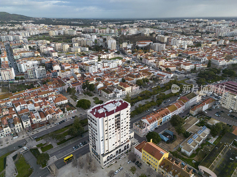 Aerial view of buildings in the city of Setúbal in Portugal